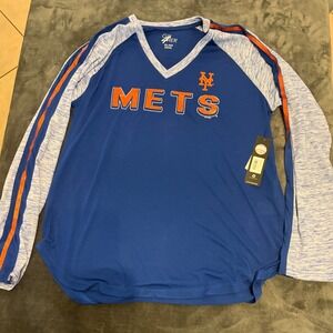 New York Mets G-III 4Her Womens XL Long Sleeve Raglan V-Neck T-Shirt Blue NWT
